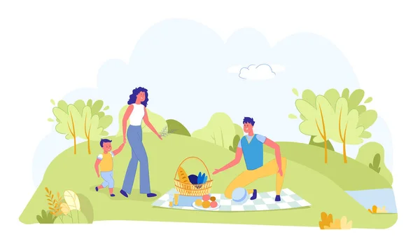 Happy Family Enjoying Picnic on Summer Vacation. Summertime and Outdoors Recreation. Father, Mother, Son in Park, Forest, Garden. Food in Basket on Plaid. People Relaxing Together. Vector Illustration