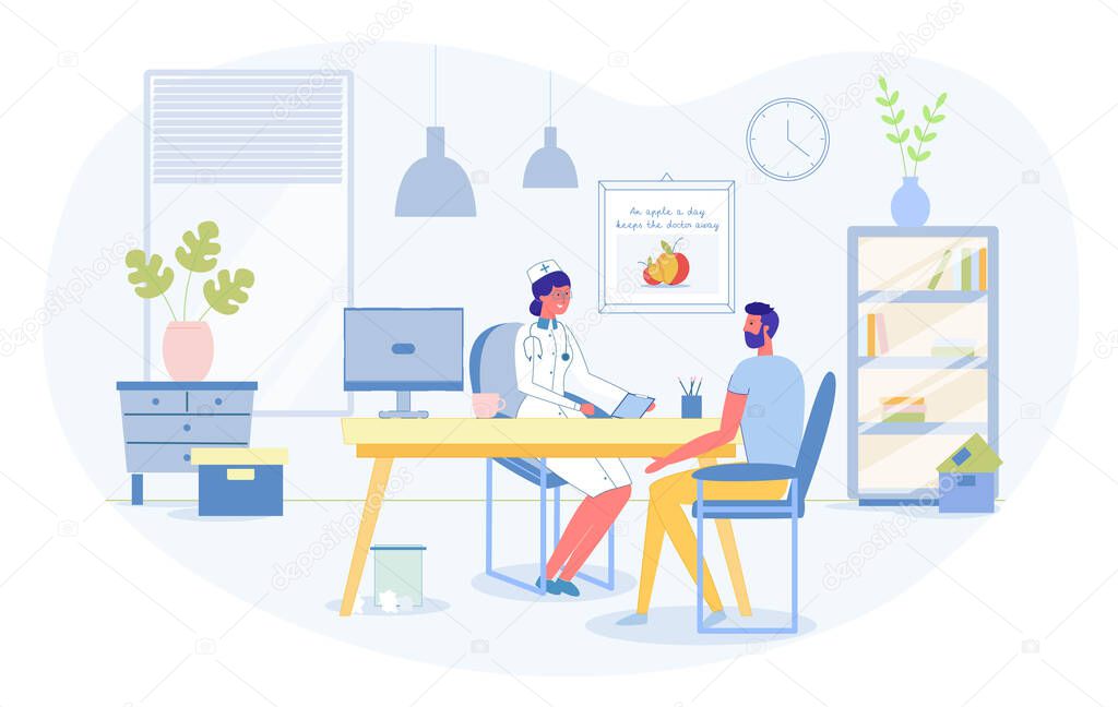 Man Patient at Doctor Appointment in Clinic Office. Therapist, Nutritionist Specialist Advising Guy. Medical Consultation in Hospital. Healthcare and Medicine. Vector Cartoon Flat Illustration
