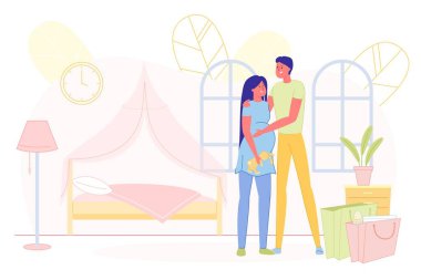 Anında Poster, Bebeği Bekleyen Genç Bir Çift. Mutlu karı koca, müstakbel kızları için yatak odasını hazırladı. Ayaktalar, adam elini karnına koydu sevgilisi. Odada çantalar var..