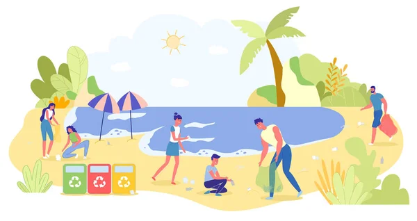 Εθελοντές Καθαρισμός Θαλάσσιας Παραλίας Συλλογή Απορριμμάτων Τσάντες Και Δεξαμενές Ανακύκλωσης — Διανυσματικό Αρχείο