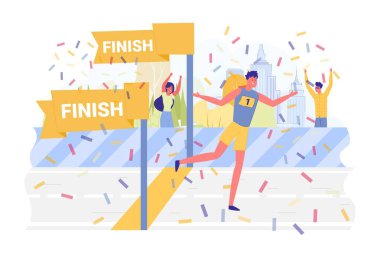 Sporcu Yarışı Kazanır, Konfeti Uçar, Çizgi Film. Genç Adam Belirlenmiş Bitiş Yeri 'ne Başladı, Şehir Maratonu' nu kazandı. İzleyiciler O 'nu izliyor ve O' nunla birlikte Autumn Park 'taki zaferiyle seviniyor..