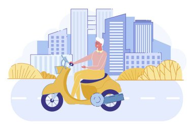 Cityscape Background 'da Gökdelenli Neşeli Yaşlı Bayan Vintage Scooter kullanıyor. Aktif büyükanne bisiklete biniyor. Emekli Emekliler, Hobi ve Yaşam Tarzı. Çizgi film Düz Vektör İllüstrasyonu