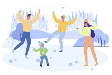 Gençlik Kartopu Oynuyor, Kış 'ta Dövüş ve Eğlenme Çizgi Film Çizgi Filmi Vektör Resimleri. Gençler ve çocuklar kalın kıyafetler giyip neşeyle vakit geçiriyorlar. Soğuk Mevsim Eğlencesi.