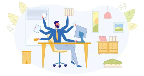 Lavoro Multitasking Ufficio Busy Businessman Efficace Flusso Lavoro Flat Vector — Vettoriale Stock