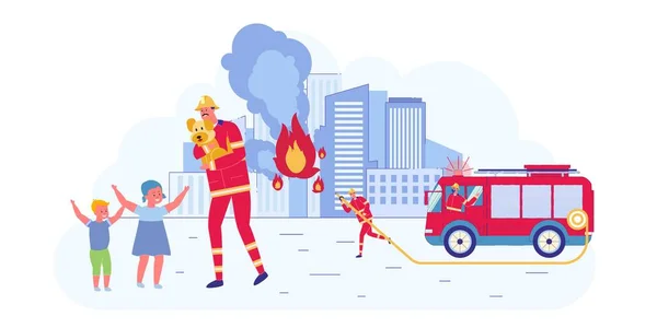 Fireman Rescuing Dog Burning House Flat Cartoon Vector Illustration Щасливих — стоковий вектор