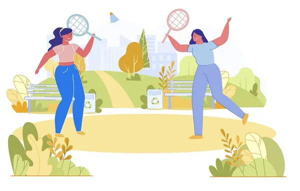 Friends Play Badminton Vector Artoon Les Filles Détendent Activement Loin — Image vectorielle