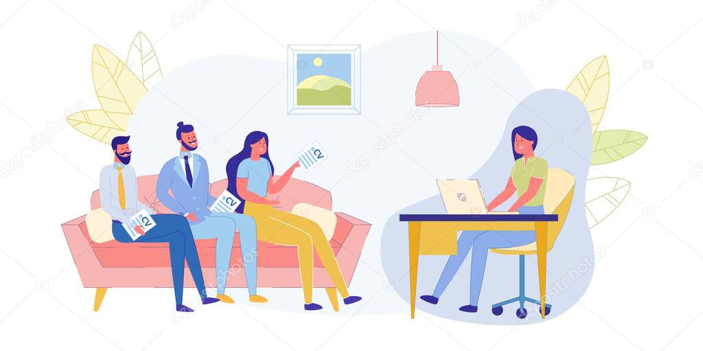 Girl Communicates with Potential Employees Company. Job Candidates are Sitting on Couch, they are Holding their Resumes in Hands. Girl Sits at Table and Writes Information about Guys and Girls.