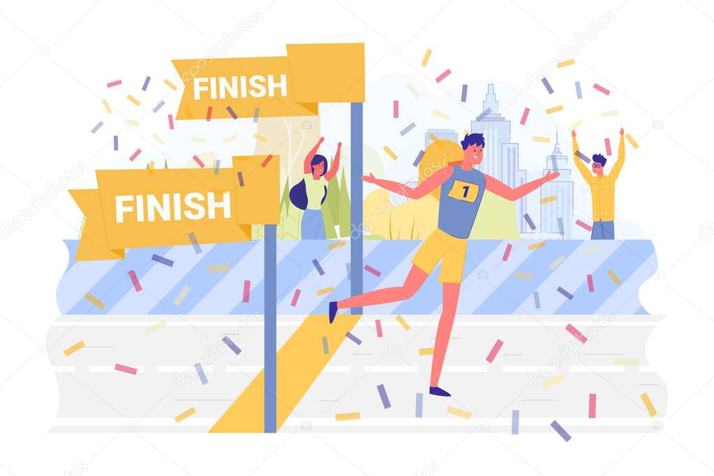 Athlete Wins Race, Confetti Fly around, Cartoon. Young Man Resorts to Designated Finish Place, he Wins City Marathon. Viewers Watch at Him, and with him Rejoice in his Victory in Autumn Park.