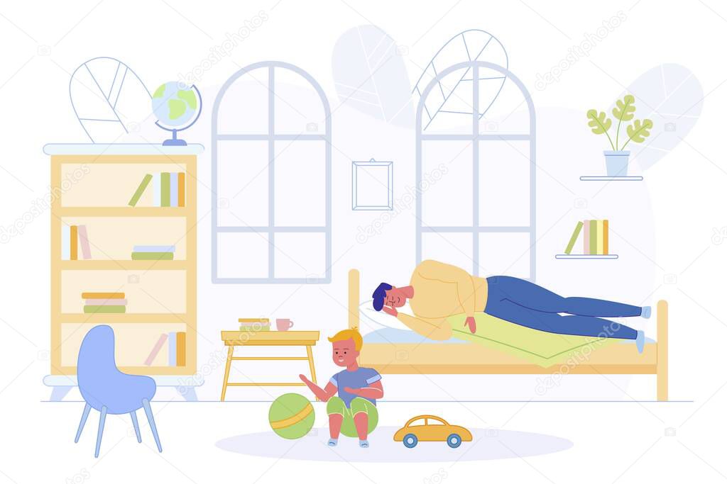 Father Lying on Bed in Children Room and Sleeping near Little Son Flat Cartoon Vector Illustration. Boy Plaing with Ball and Car on Floor. Fatherhood Cocept. Interior with Bookshelves, Toys.