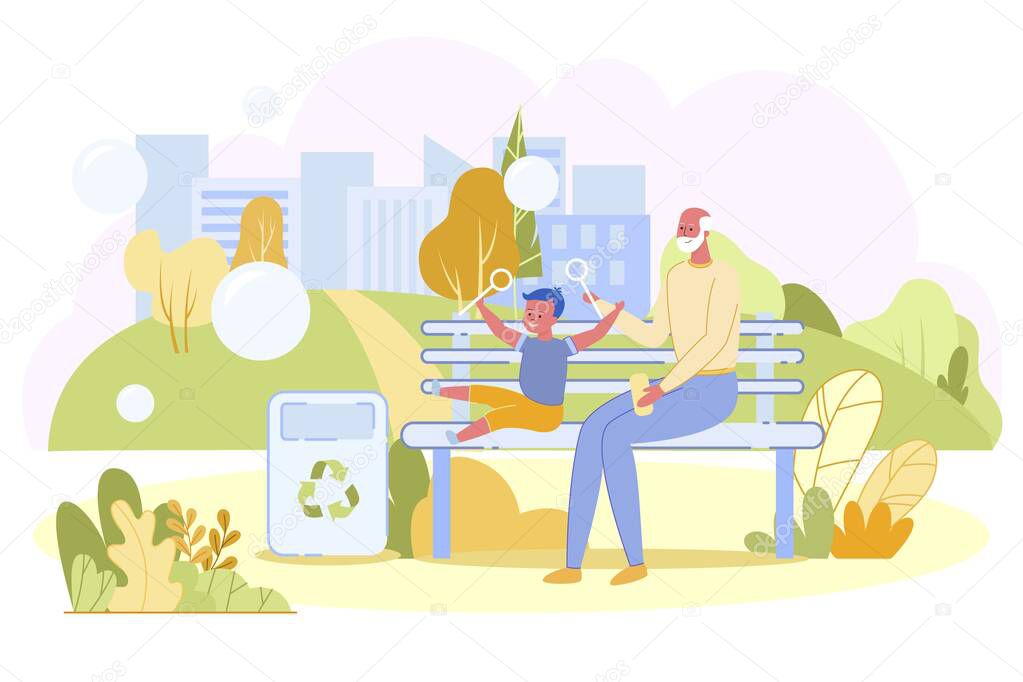 Family Holidays. Little Cheerful Boy Sitting with Happy Grandfather Blowing Soap Bubbles in City Part at Summer Time Day. Vacation Weekend, Walking Together with Child Cartoon Flat Vector Illustration