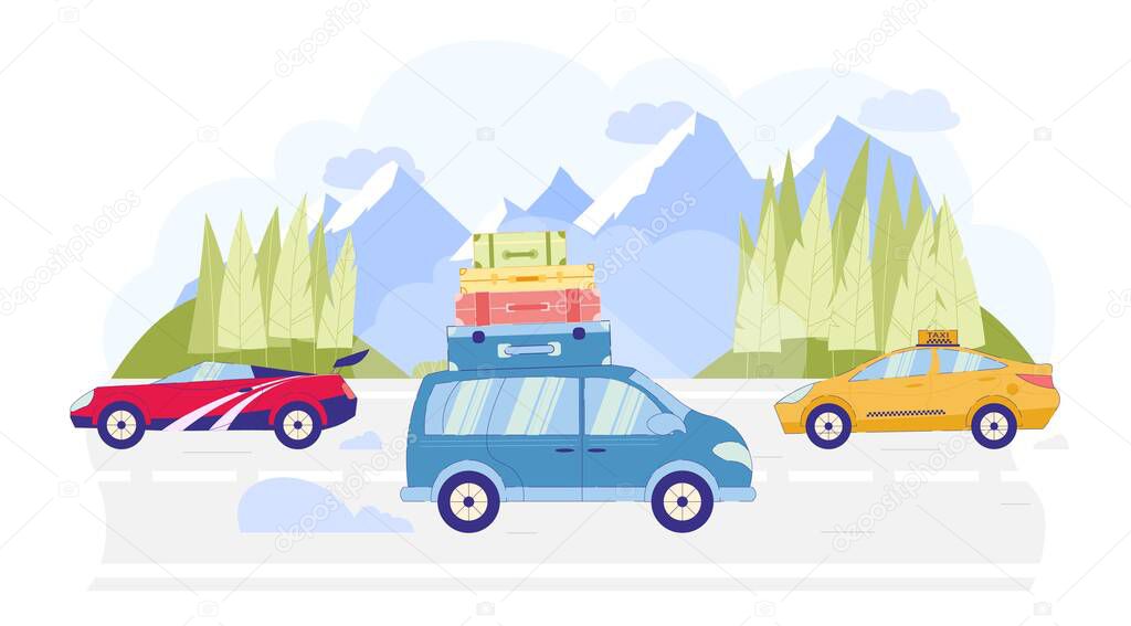 Travel around Country by Private Transport or Taxi. Different Types Transport on Intercity Highway. Luggage is Loaded on Roof large Family Car, Taxi Carries Client and Modern Sports Car.