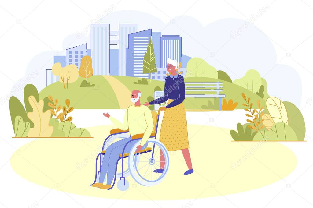 Senior Couple Walking Outdoors in City Park. Old Woman Pushing Wheelchair with Aged Man. Love, Tenderness, Human Relation. Elderly Spouse Couple Spending Time Together Cartoon Flat Vector Illustration