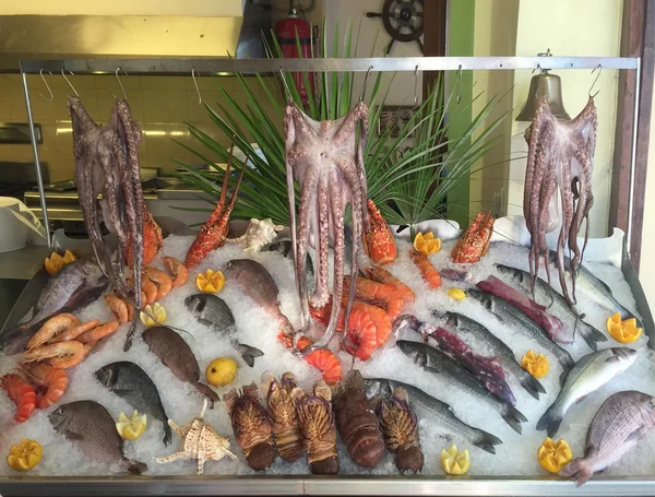 Fresh seafood arrangement displayed in beach restaurant — Stock Photo, Image