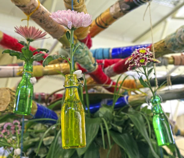 Flor crisântemo em diy pendurado garrafas de vidro para vaso — Fotografia de Stock