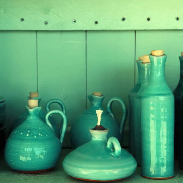 Turquoise glazed ceramic pitchers, Crete , Greece — Stock Photo, Image