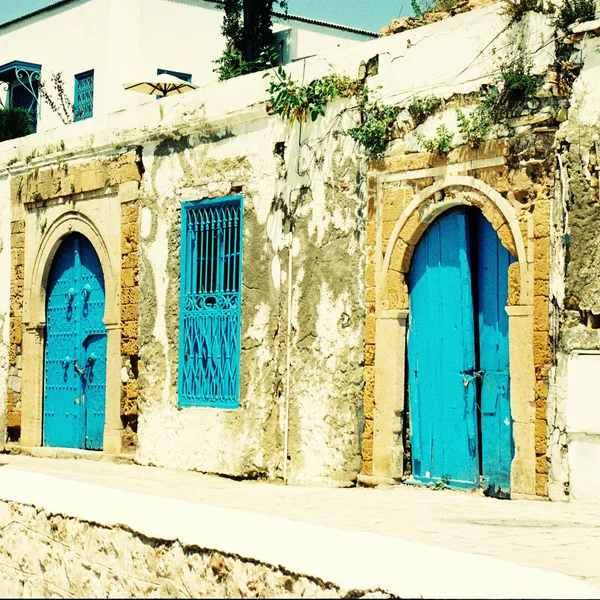 老房子与蓝色的门和窗、 西迪布济说突尼斯 — 图库照片