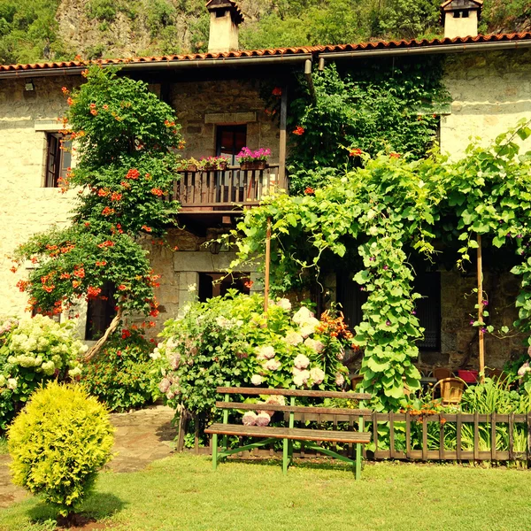 Landhaus mit Blütenblumen in hübschem Hüttengarten. — Stockfoto
