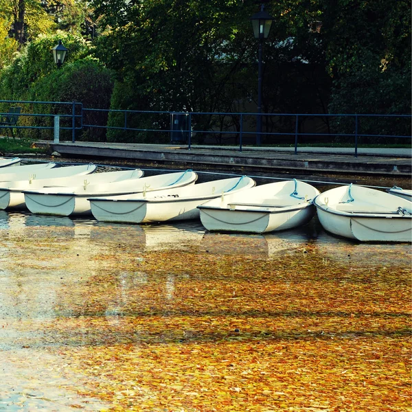 Barcos blancos en el lago en el parque de otoño — Foto de Stock