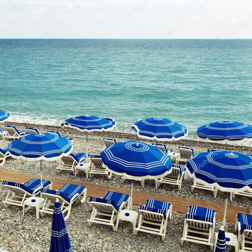 Sunshades on the beach in Nice,Cote d'Azur, France