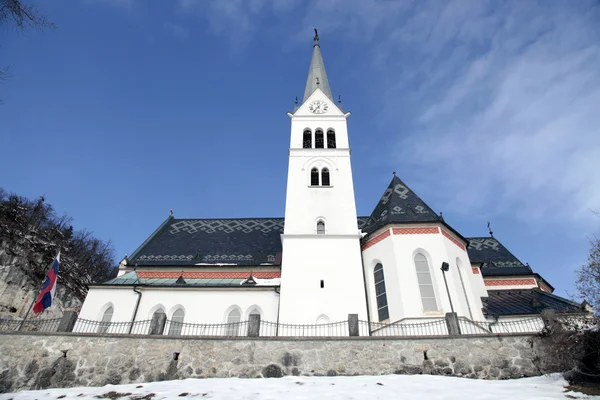 Církev Svatý Martin na jezeře Bled, Slovinsko. — Stock fotografie