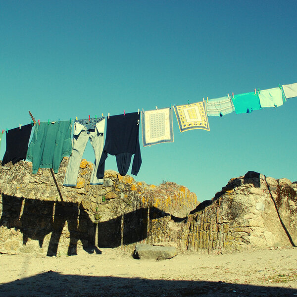 Drying clothes in a village