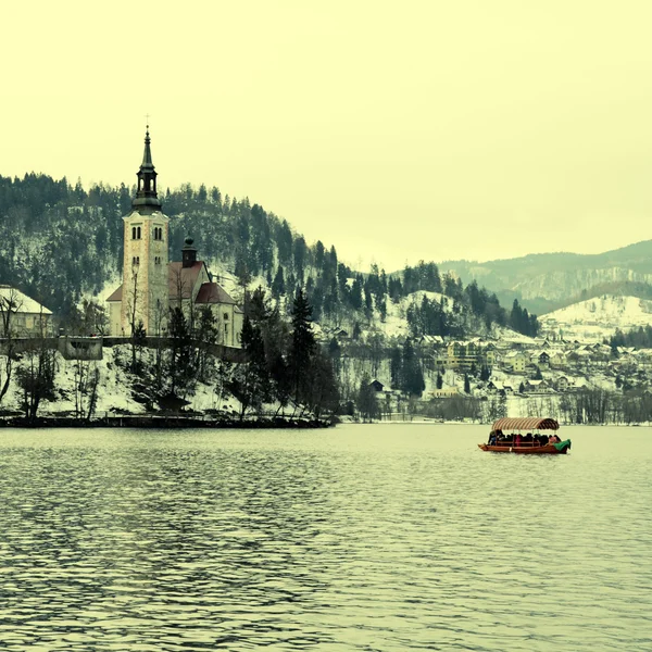 Paesaggio invernale del lago di Bled, Slovenia — Foto Stock