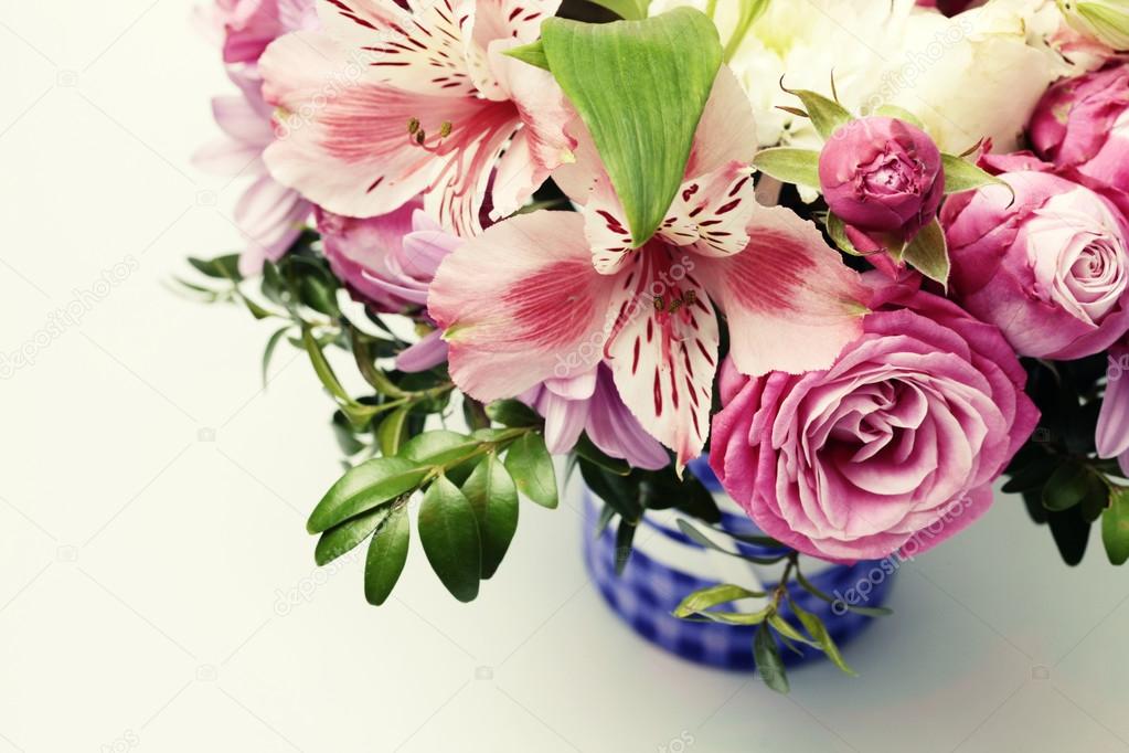 Beautiful pink bouquet with astrantia, fresia, rose, ranunculus