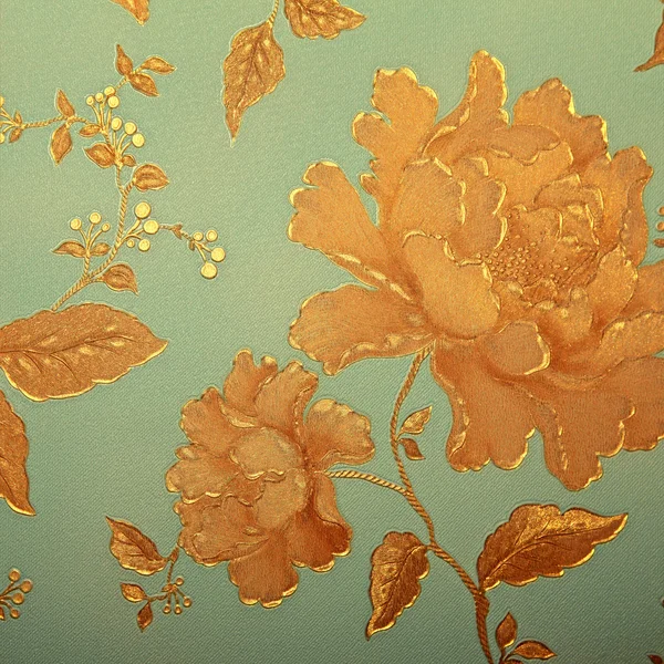 Vintage papier peint bleu avec motif rose doré — Photo