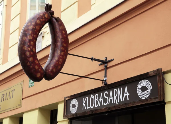 Alemão salsicha rápido pé restaurante sinal, Liubliana — Fotografia de Stock