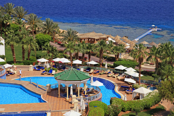 Beautiful sea view on tropical luxury resort hotel , Red Sea beach in Sharm el Sheikh, Egypt.