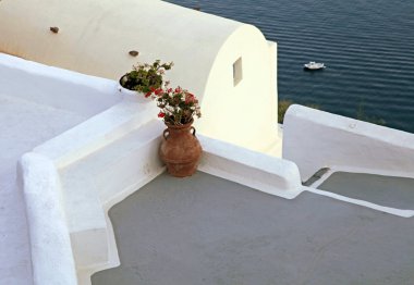 sea view terrace, Oia, Santorini island, Greece in sunset