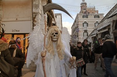 Death carnival costume at the Rialto bridge, Venice Carnival