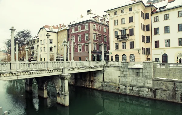 Cobblers' Bridge and Ljubljanica river, old city of Ljubljana, Slovenia — Stok fotoğraf