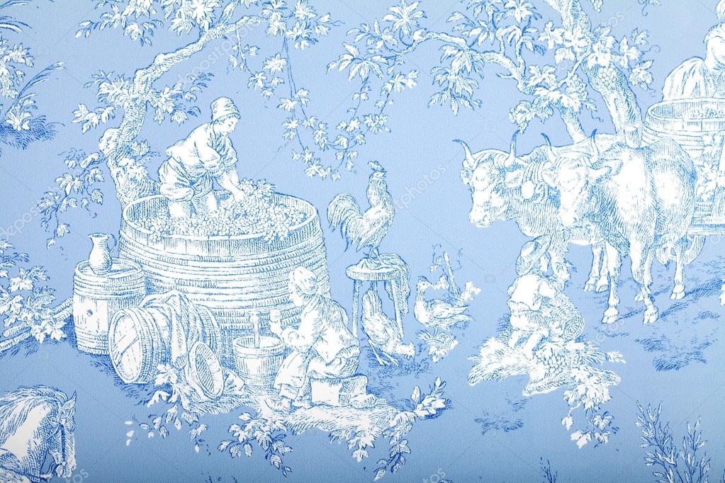 Antique blue and white french baroque pattern wallpaper depicts 