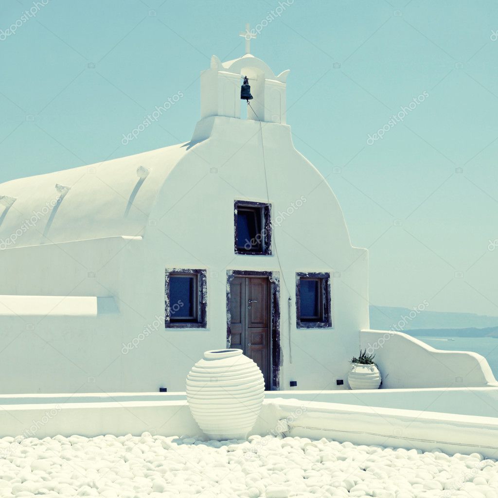 Traditional blue dome church in Santorini, Greece