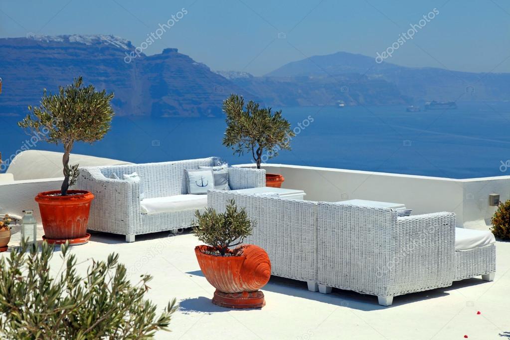 The sea view terrace with white sofa, Santorini, Greece