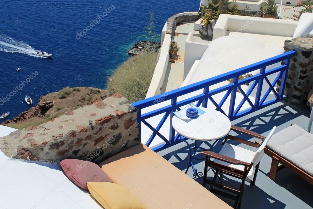 Beautiful terrace with sea view on Santorini island, Oia, Greece