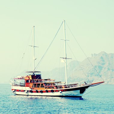 Santorini Island, Yunanistan eski klasik ahşap yelkenli