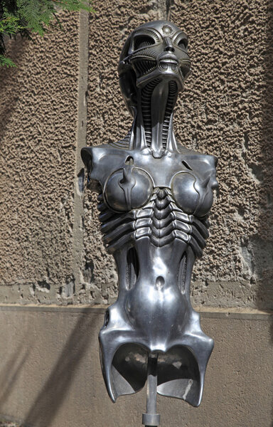Surrealist sci-fi women statue in H.R. Giger museum in Gruyeres,