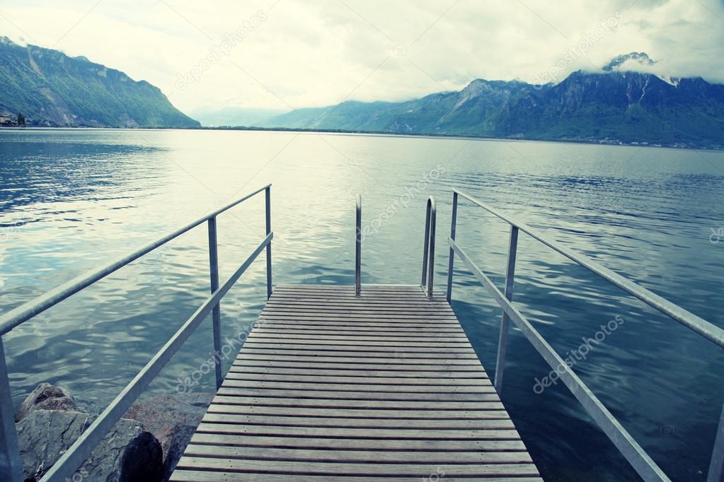 Old wooden pier, Lake Geneva, Montreux, Switzerland.