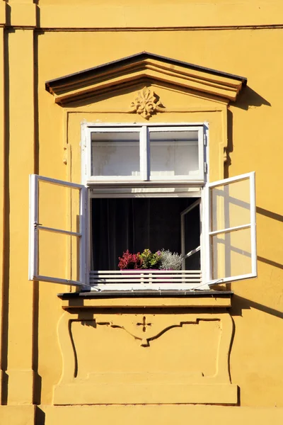 Finestra aperta con fiori nel centro storico di Praga, Repubblica Ceca — Foto Stock