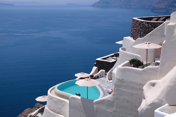 Vista mar e terraço branco, Santorini — Fotografia de Stock