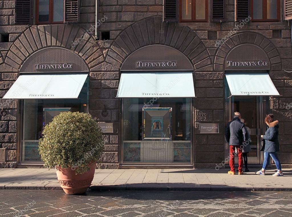 FLORENCE, ITALY - JANUARY 10, 2016: Entrance to Tiffany and Company Luxury Jewellery Retail Store in center of Florence, Italy. The jewelry company founded in 1837 is among most recognized luxury brands in the world