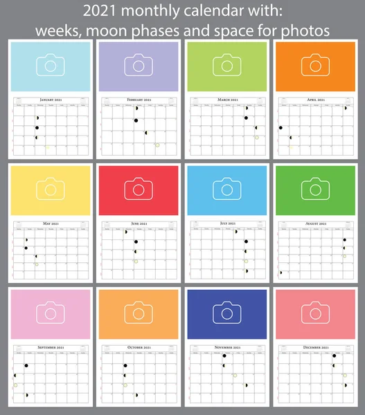 2021 month calendar with weeks, moon phases and space for photos