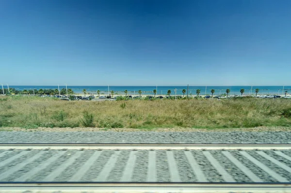 Paysage Voies Ferrées Vus Fenêtre Train Pendant Voyage — Photo