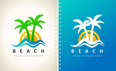 Oasis ve plaj logosu vektörü. Palmiye ağacı, dalga, deniz ve güneş.