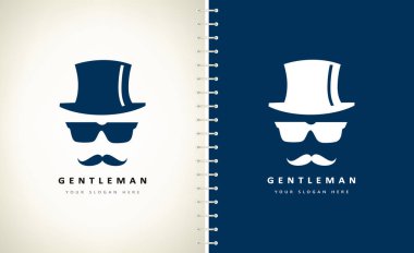 Centilmen logo vektör tasarımı. Silindir şapka, gözlük ve bıyık..