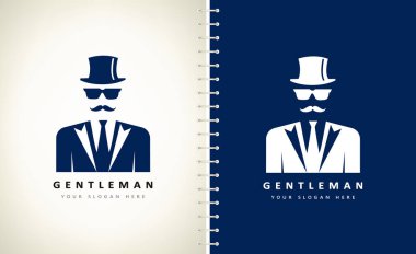 Centilmen logo vektör tasarımı. Silindir şapka, gözlük ve bıyık..