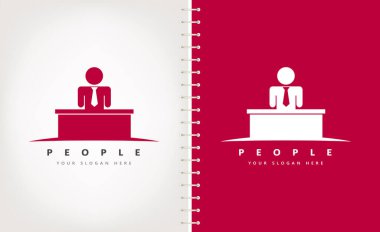 İnsanlar logo vektörü. Kravatlı adam masanın yanında duruyor..