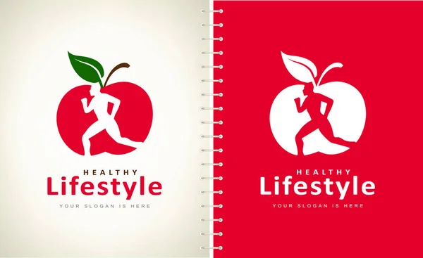 Logo Hombre Manzana Estilo Vida Saludable Hombre Está Huyendo Concepto — Archivo Imágenes Vectoriales